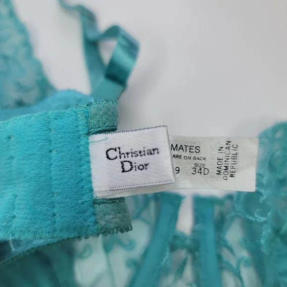 Vintage Christian Dior Bra Embroidered Lace Satin Blue Size 34D - Picture 3 of 13